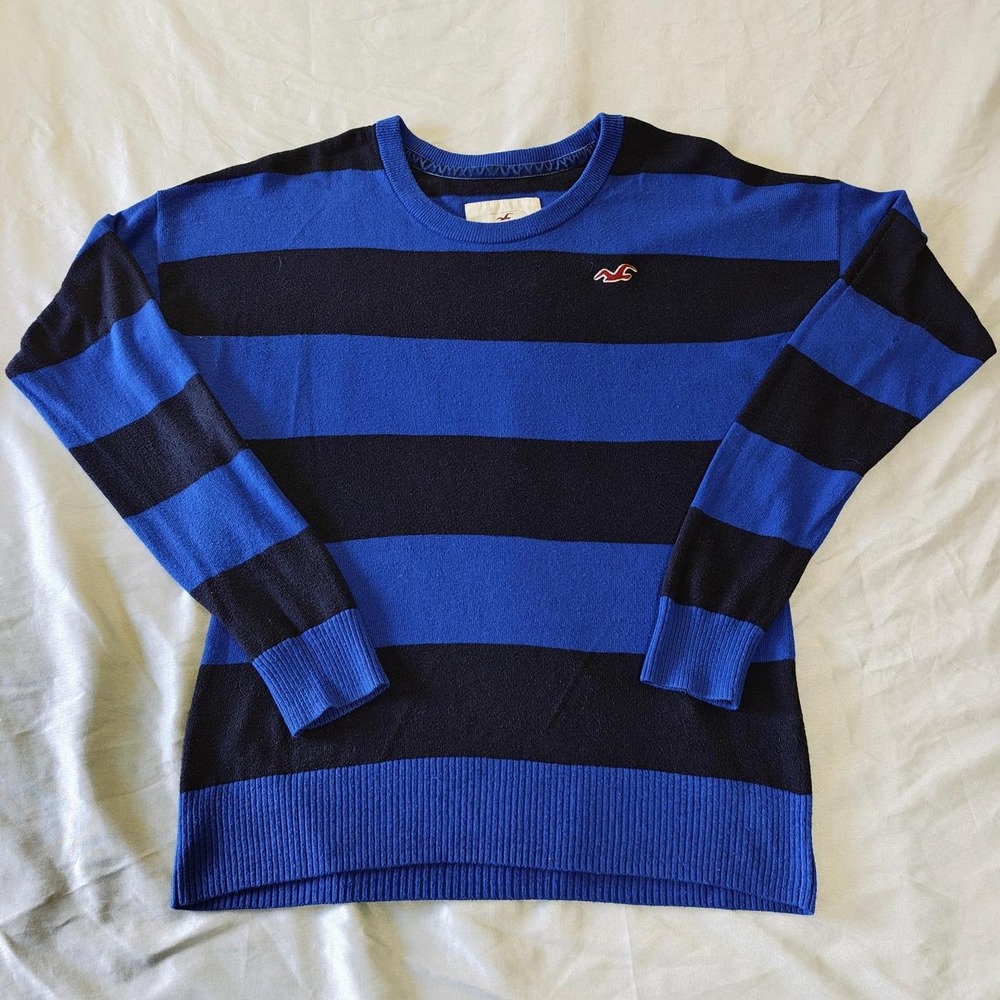 Hollister Mens Royal Blue Black Striped Crewneck Knit Sweater XL Logo Pullover